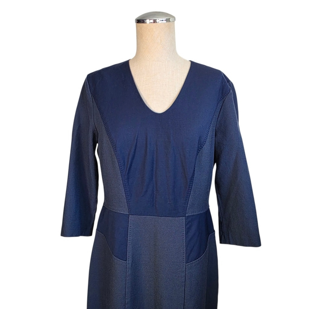 BOSS Hugo Boss Navy Wool Sheath Dress US 8 V Neck 3/4 Sleeve Career Office Midi - Picture 2 of 14